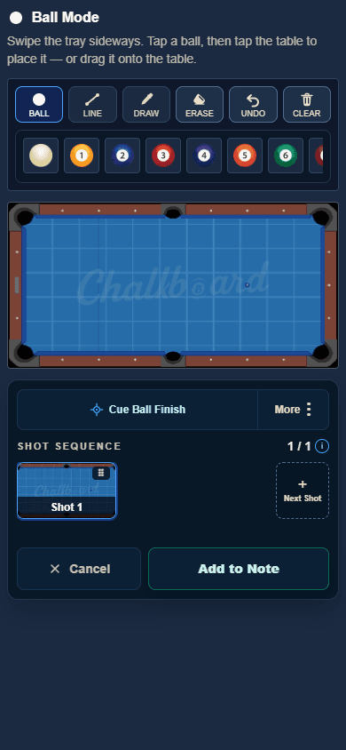 Chalkboard table editor screen for arranging balls and documenting a layout.